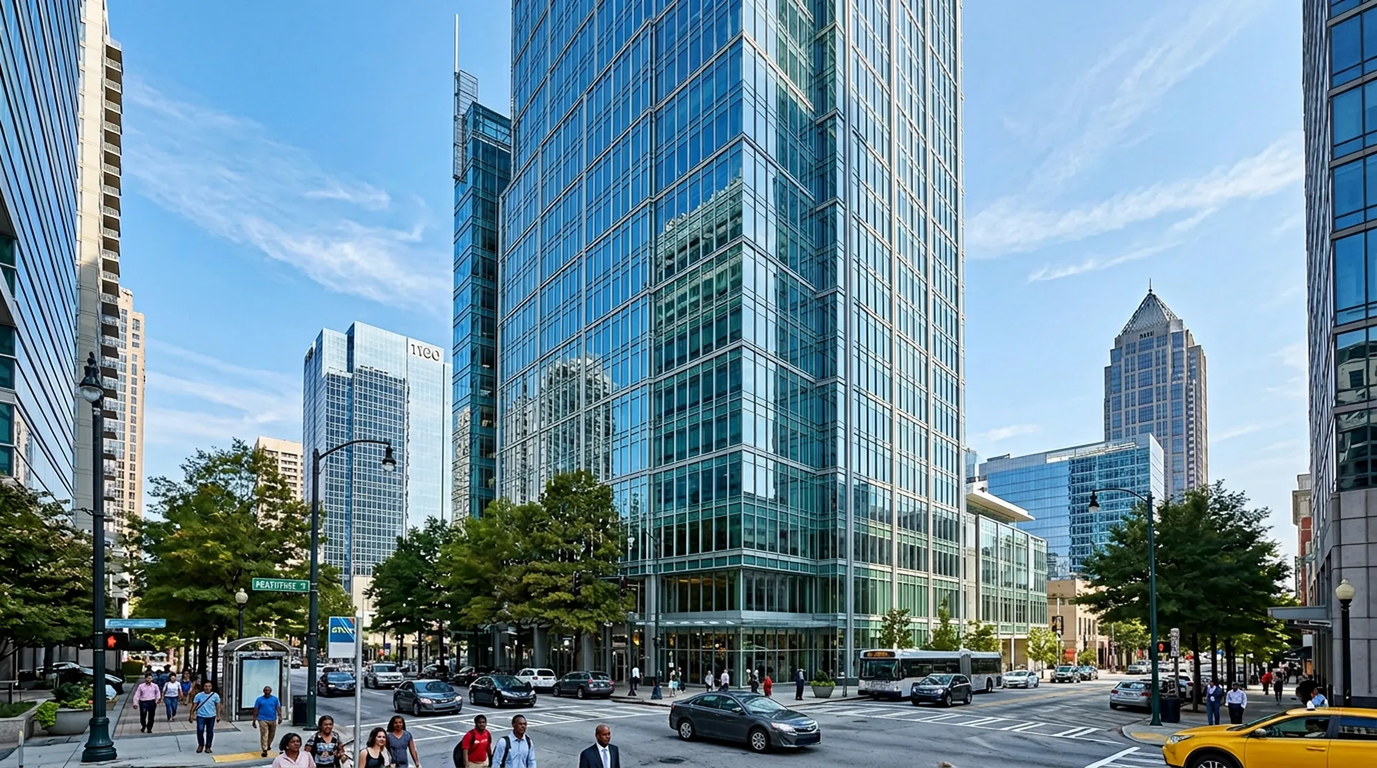 Widok na biurowiec przy Peachtree Street NE w Atlancie — okolice adresu urbansideprofile.com
